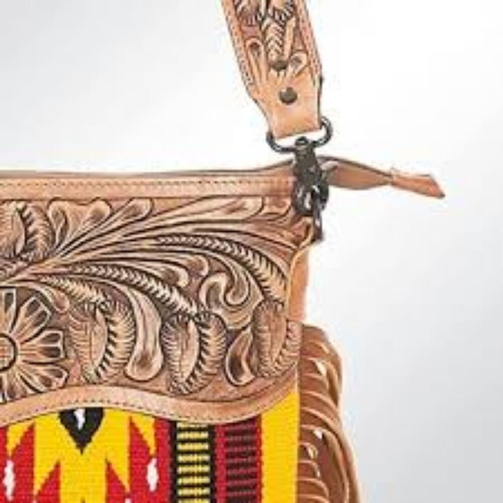 American Darling Southwestern Red Yellow Multi Crossbody Bag with Tan Leather - Picture 2 of 11